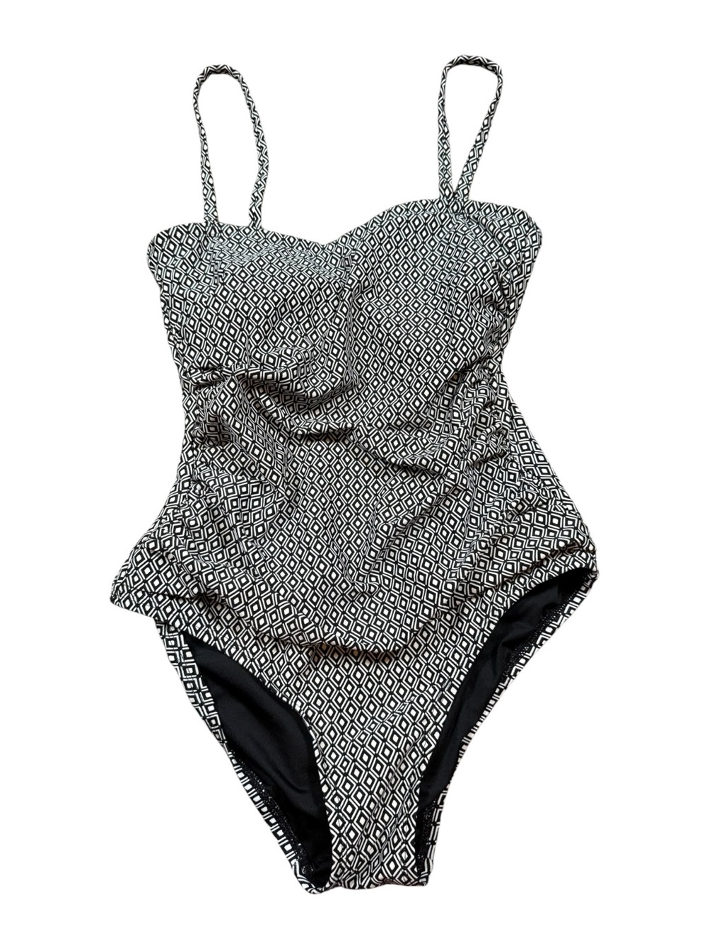 DKNY One Piece Swimsuit Black White Geometric Print Ruffle Front Size Small